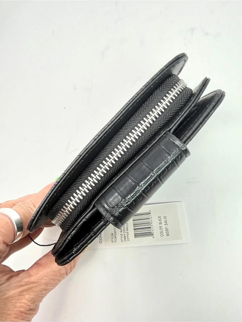 French Connection Emmy Black Croc-Embossed Bi-Fold Zipper Wallet, New with Tags!